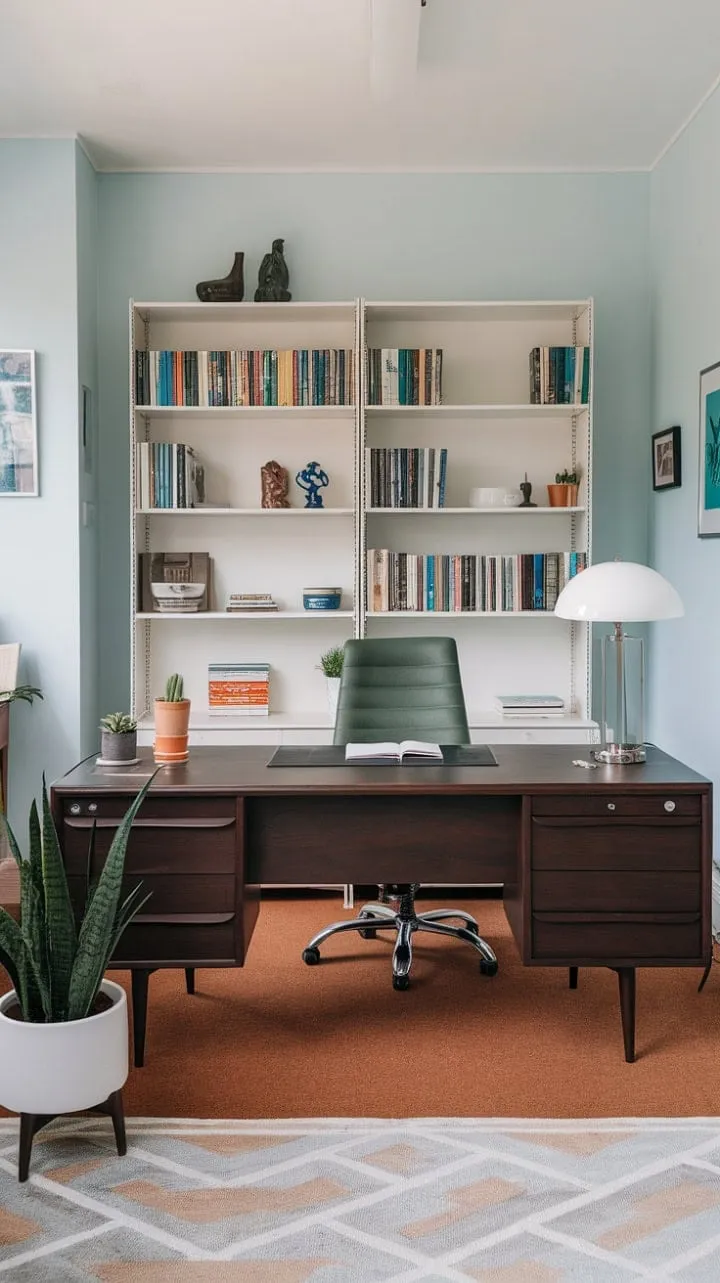 This mid-century modern office blends serene light blue walls and vibrant greenery with a sleek dark wood desk, creating an inspiring haven for focused creativity.