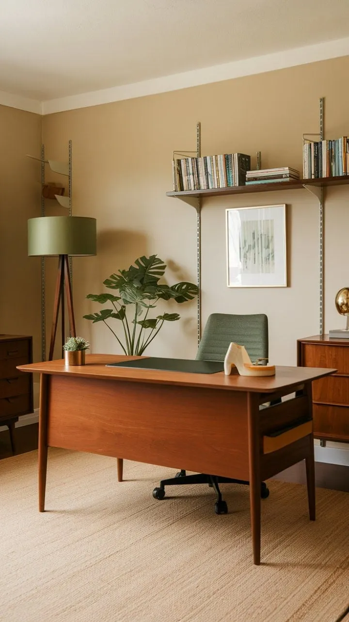 This mid-century modern sanctuary, with its mindful decor and vibrant accents, is a beautifully curated haven that inspires creativity and productivity.