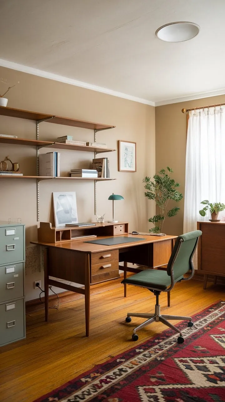This mid-century modern workspace, infused with soft light and curated details, serves as a serene haven for creativity and productivity, embodying a quiet sophistication and effortless elegance.