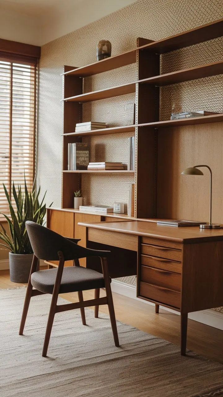 This mid-century modern workspace elegantly blends productivity and tranquility through its thoughtfully curated details.