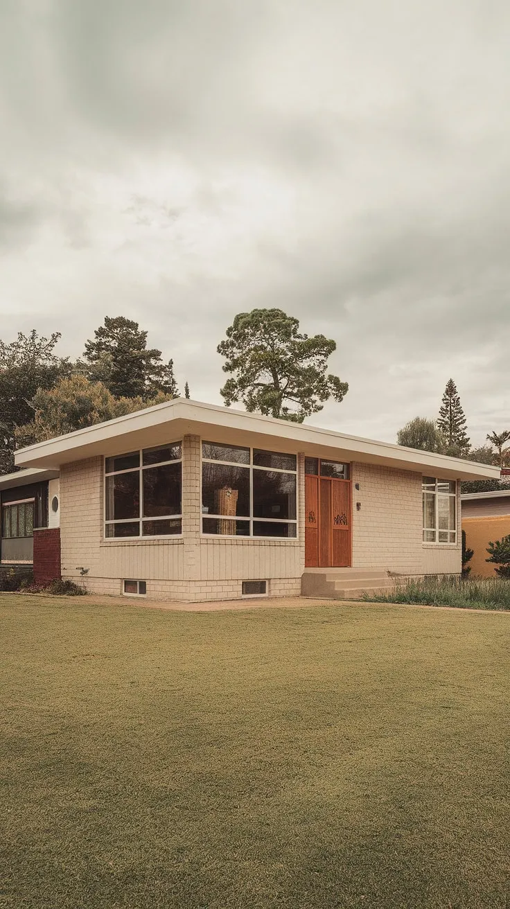 A picture of understated elegance, this beige bungalow showcases the enduring appeal of mid-century modern architecture. The flat roof, generous windows, and rich wooden door create a harmonious blend of form and function. A serene landscape complements the home's simple beauty, offering a glimpse into a life lived with intention and style. A true gem.
