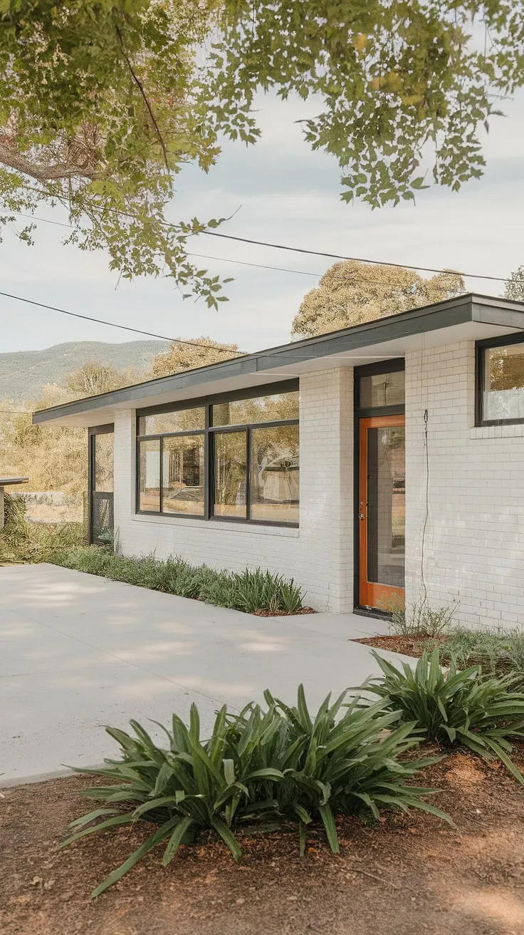Mid-century modern dreamscape. This pristine white bungalow, with its sleek black accents and expansive windows, offers breathtaking views of the surrounding mountains. A perfect blend of architectural elegance and tranquil natural beauty. A sanctuary awaits.