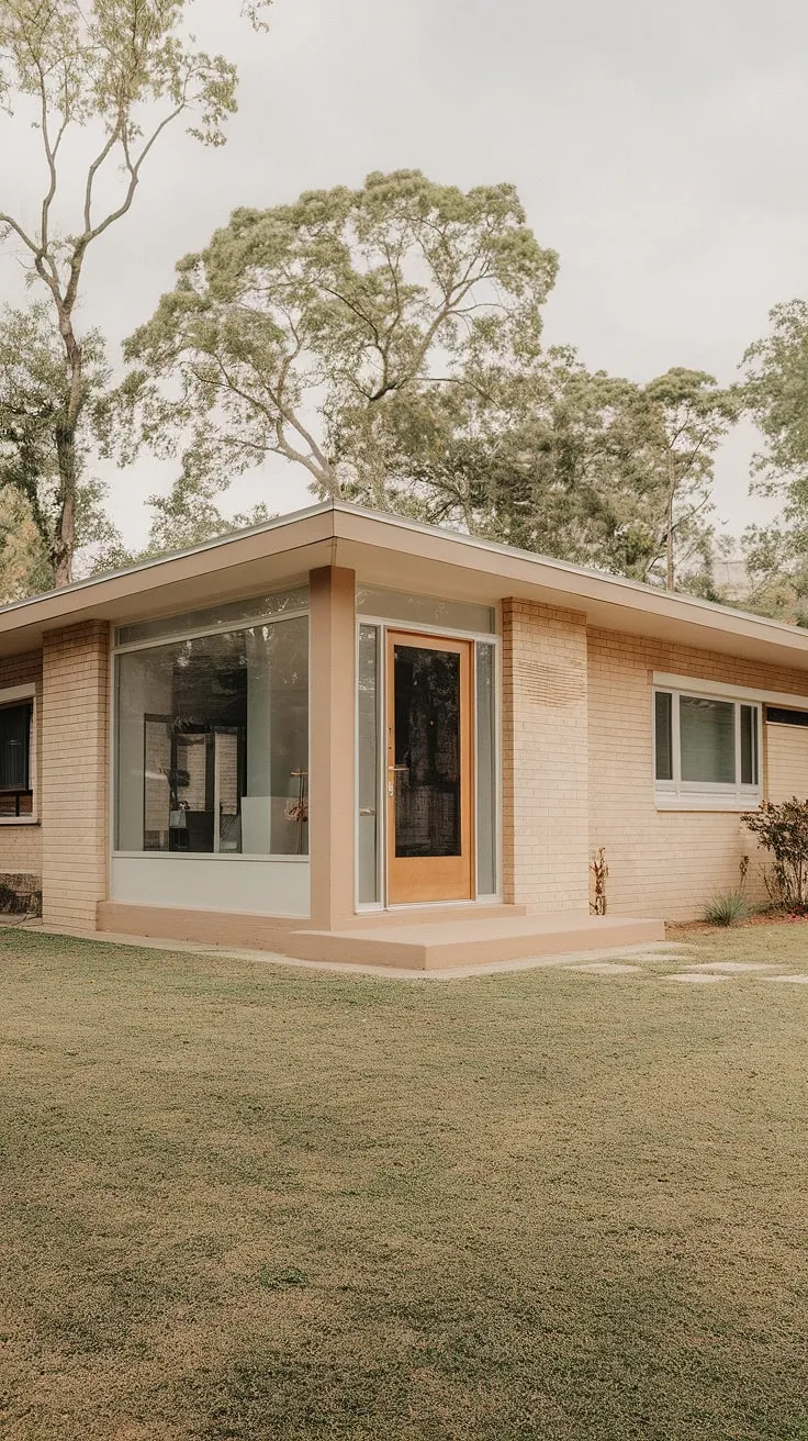 A picture of tranquil simplicity. This beige bungalow, showcasing the best of mid-century modern architecture, invites you in with its large windows and welcoming wooden door. A perfect example of how less can be so much more.
