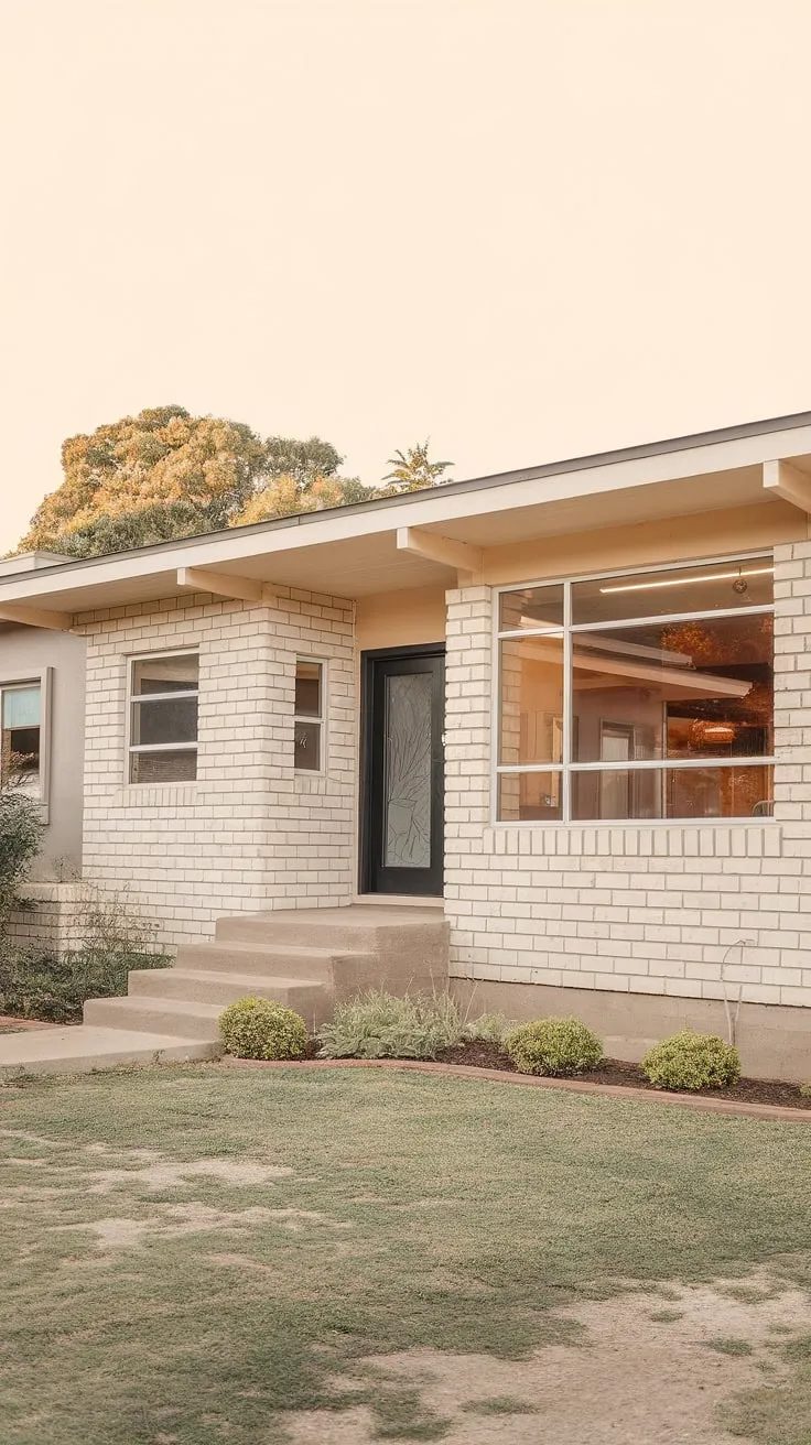 This mid-century modern bungalow, bathed in warm afternoon light, exudes a timeless elegance. Its clean lines and simple design, accented by a black door and lush greenery, create a peaceful and inviting atmosphere. A perfect example of understated sophistication.