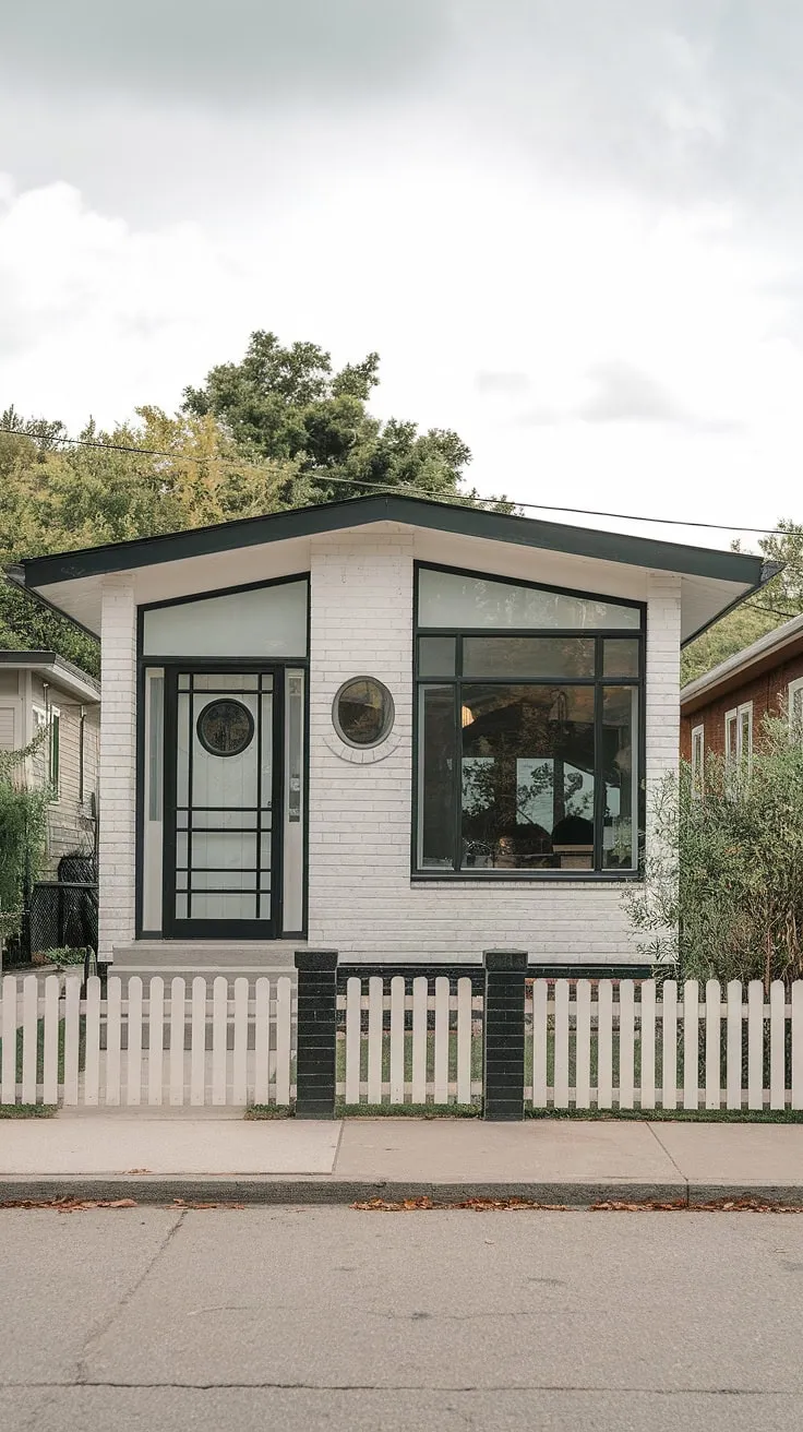 Architectural perfection: This mid-century modern gem, with its crisp white exterior and striking black accents, effortlessly blends classic design with contemporary appeal. The expansive windows and thoughtfully placed circular window above the door allow for abundant natural light, creating a bright and airy interior. A true testament to timeless style.
