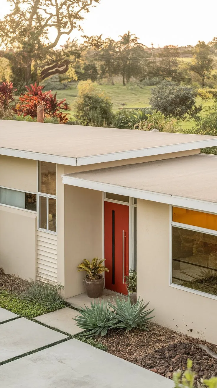 A tranquil oasis awaits behind this beige facade. The architectural details of this mid-century modern home, from the flat roof to the perfectly placed potted plants, speak to a sophisticated simplicity. A perfect blend of indoor and outdoor living.