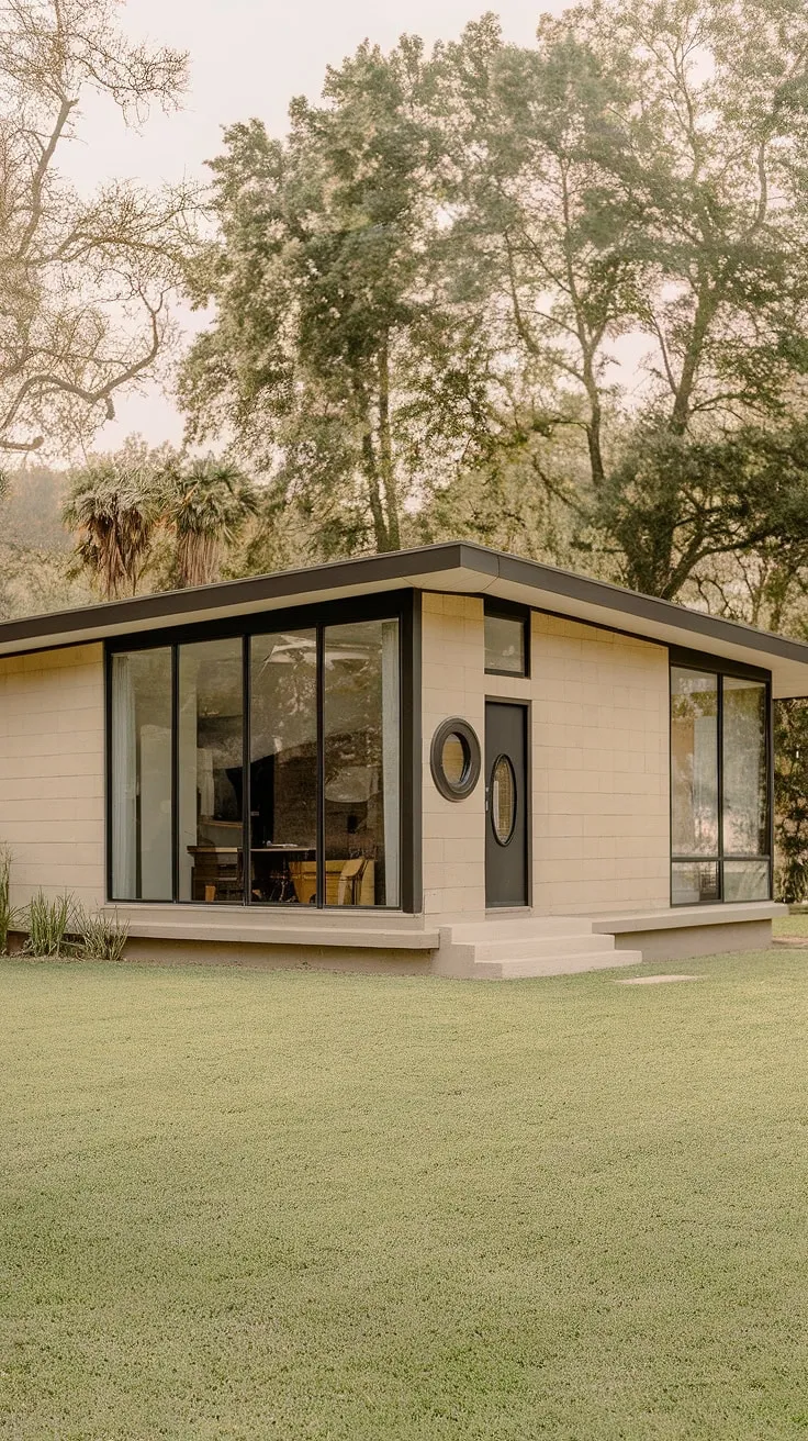 A testament to classic design, this mid-century modern home boasts a sophisticated simplicity. The large glass windows bathe the interior in natural light, while the lush green lawn and surrounding trees provide a serene backdrop. A perfect example of how architectural details, like the circular door design, can elevate a home's aesthetic appeal.