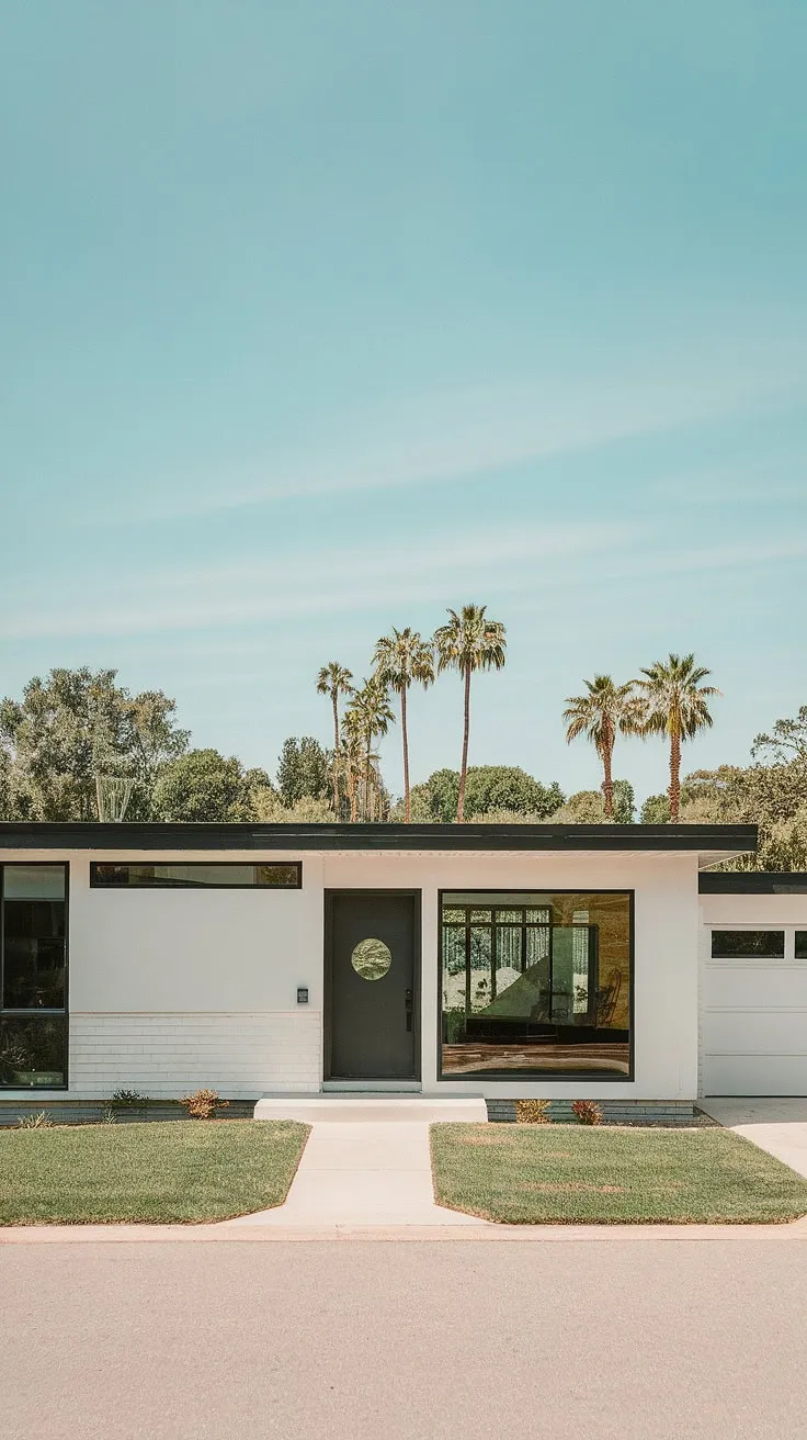 Architectural perfection meets tropical paradise. This mid-century modern masterpiece, with its clean lines and striking black accents against the bright white exterior, is a testament to timeless design. The expansive windows and lush landscaping create a seamless blend of indoor and outdoor living, a true oasis.