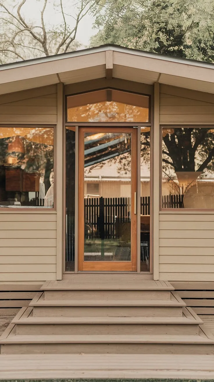 This mid-century modern bungalow, with its warm beige wood siding and expansive glass entryway, effortlessly blends classic charm with contemporary style. The inviting deck and surrounding trees create a tranquil retreat, perfect for enjoying a quiet evening or a lively gathering.