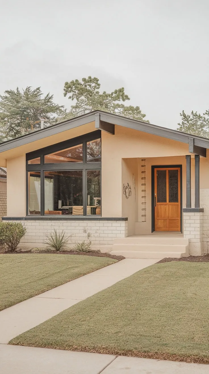 This mid-century modern bungalow, with its clean lines and understated elegance, perfectly embodies the era's focus on functionality and simple beauty. The beige exterior, accented with black, creates a timeless appeal, while the large windows promise an abundance of natural light. A welcoming wooden door and meticulously maintained landscaping complete this idyllic picture.