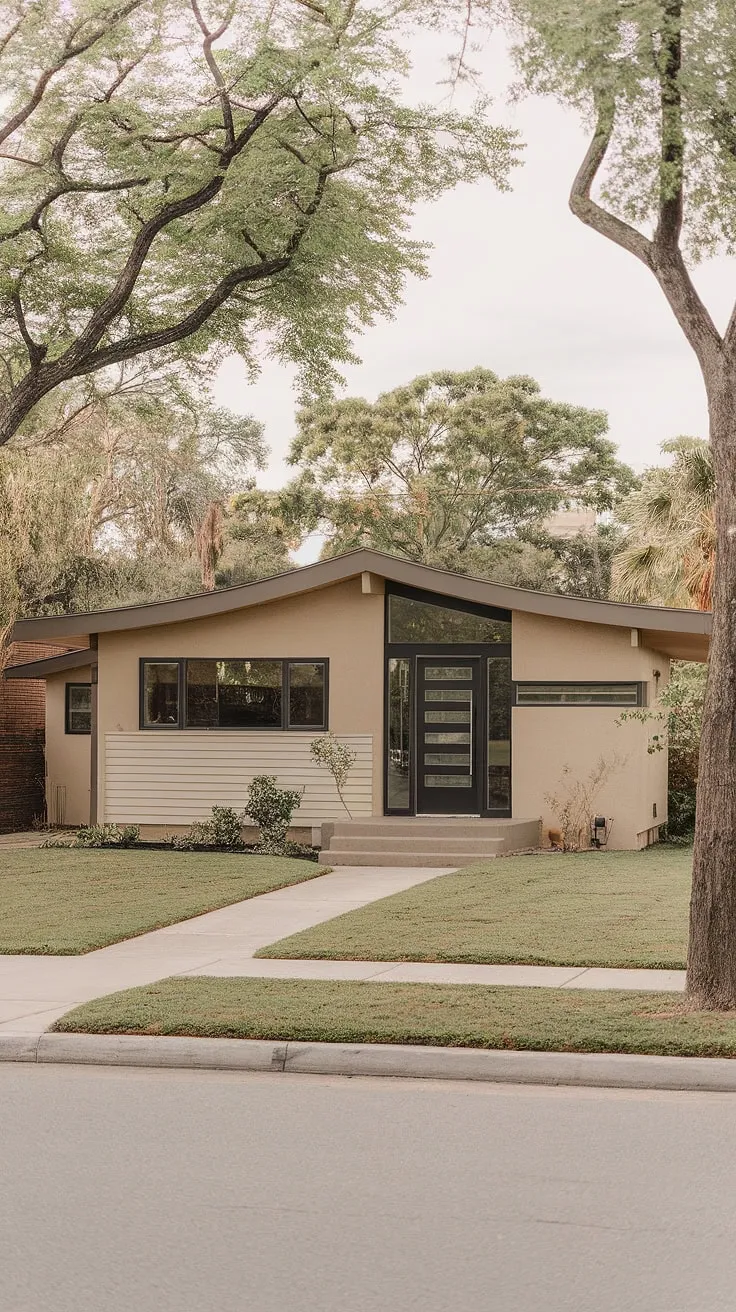 This mid-century modern bungalow, with its gentle curve and striking black accents, is a testament to timeless design. The lush landscaping perfectly complements the home's understated elegance, creating a serene and inviting atmosphere. A true architectural gem.