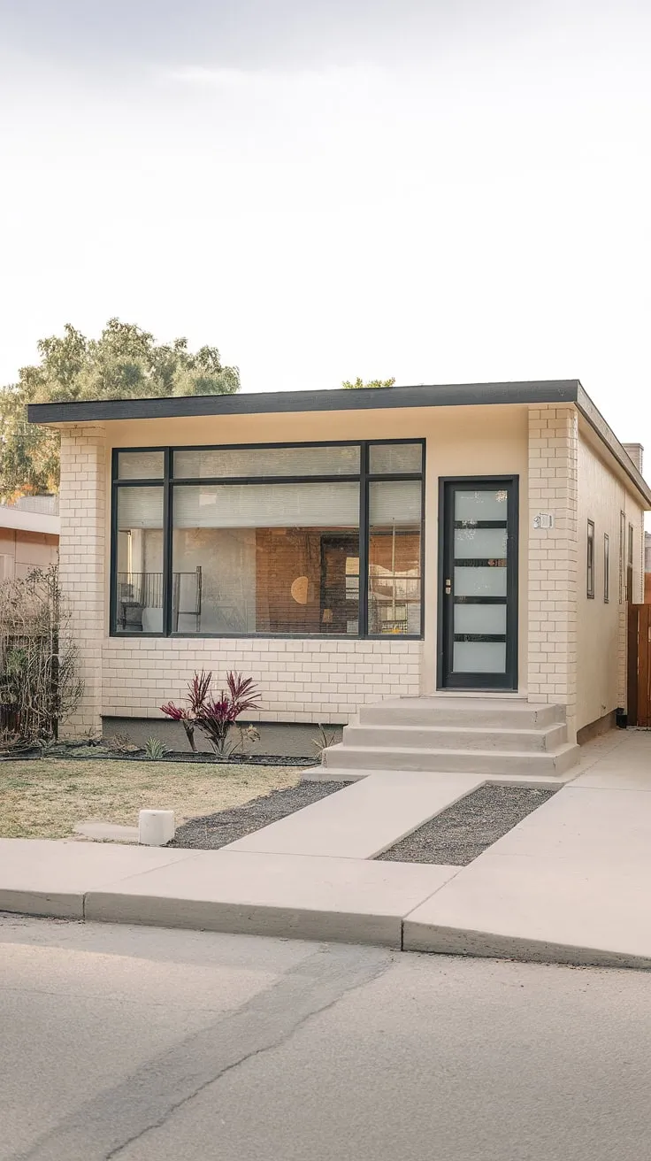 A picture of tranquil simplicity: this beige mid-century modern bungalow, featuring a striking black front door and expansive windows, invites you to step inside and experience the effortless style of a bygone era. The low-pitched roof and carefully chosen landscaping create a sense of calm and understated sophistication.