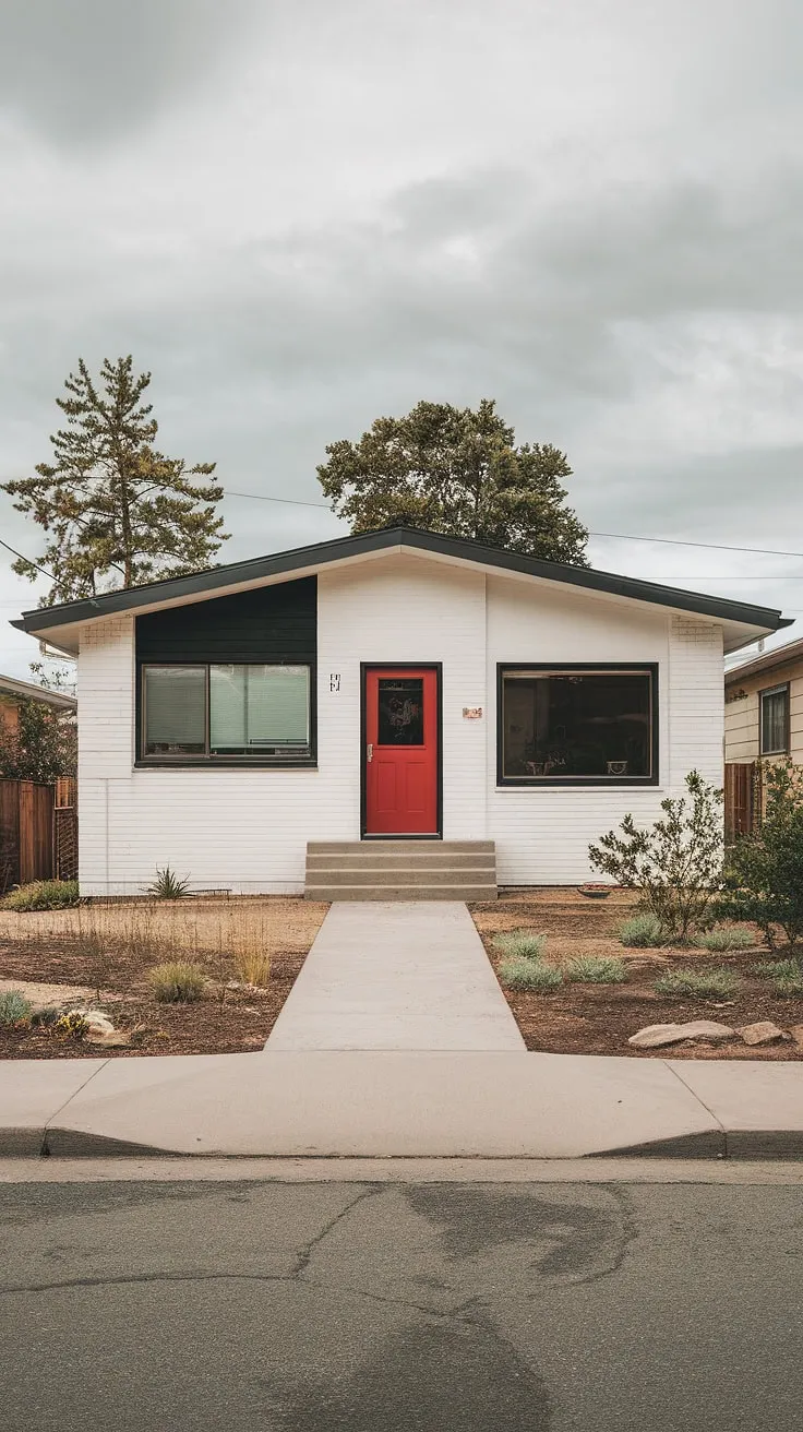 This mid-century modern bungalow exudes a quiet confidence. A testament to clean design and enduring style, its white walls, black accents, and bold red door make a statement without shouting. A true gem.