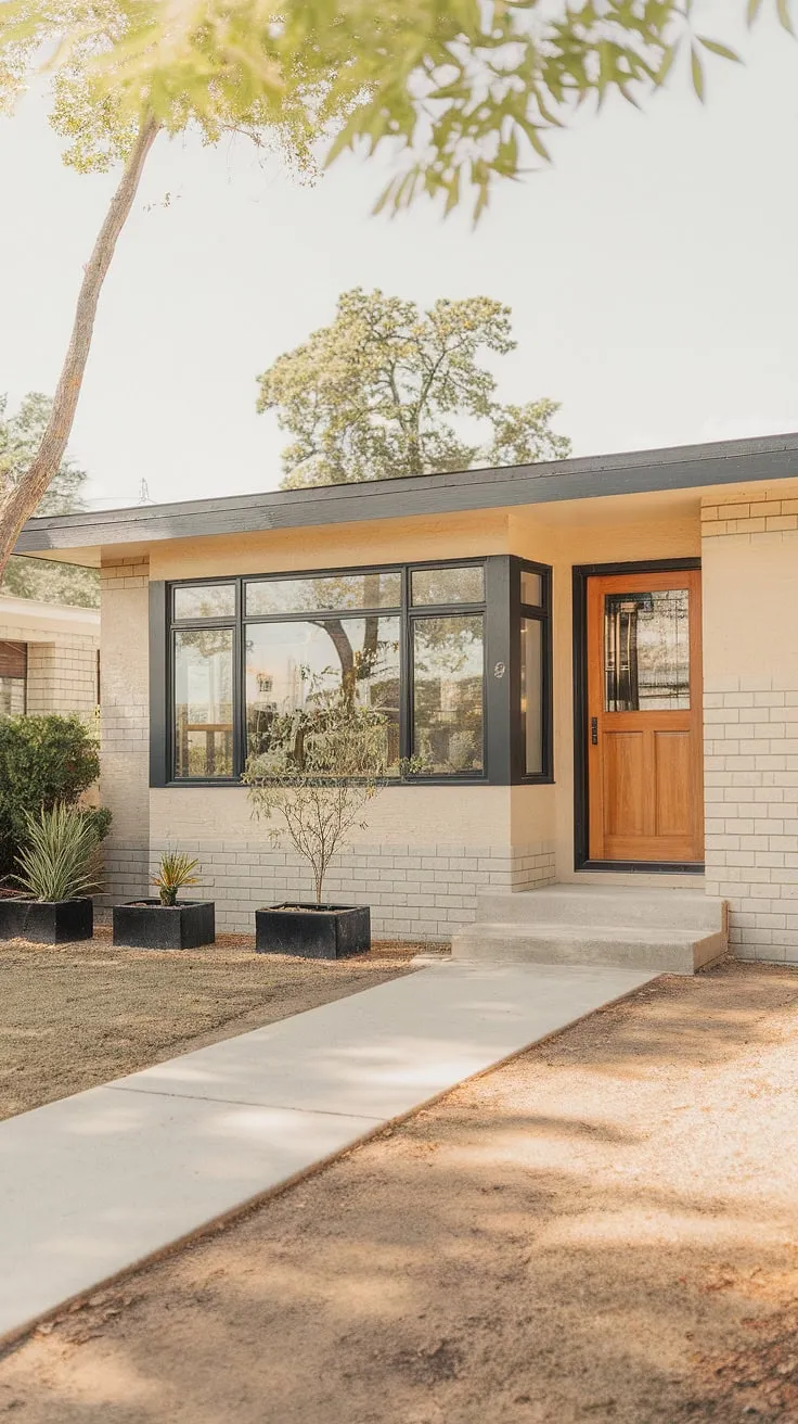 This mid-century modern gem boasts a timeless appeal. The flat roof, large windows, and sleek black detailing create a sophisticated aesthetic. A welcoming wooden door and a simple concrete walkway complete the picture, showcasing a home where modern design meets comfortable living.