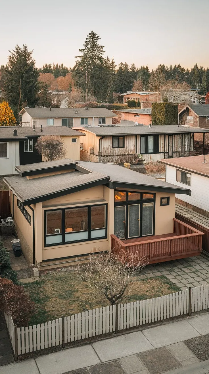 This beige beauty boasts a low-pitched roof, large windows flooding the interior with natural light, and a delightful wooden deck-ideal for enjoying those long summer evenings. A picture-perfect example of mid-century modern architecture, this home offers a serene escape within a friendly neighborhood. A timeless classic.