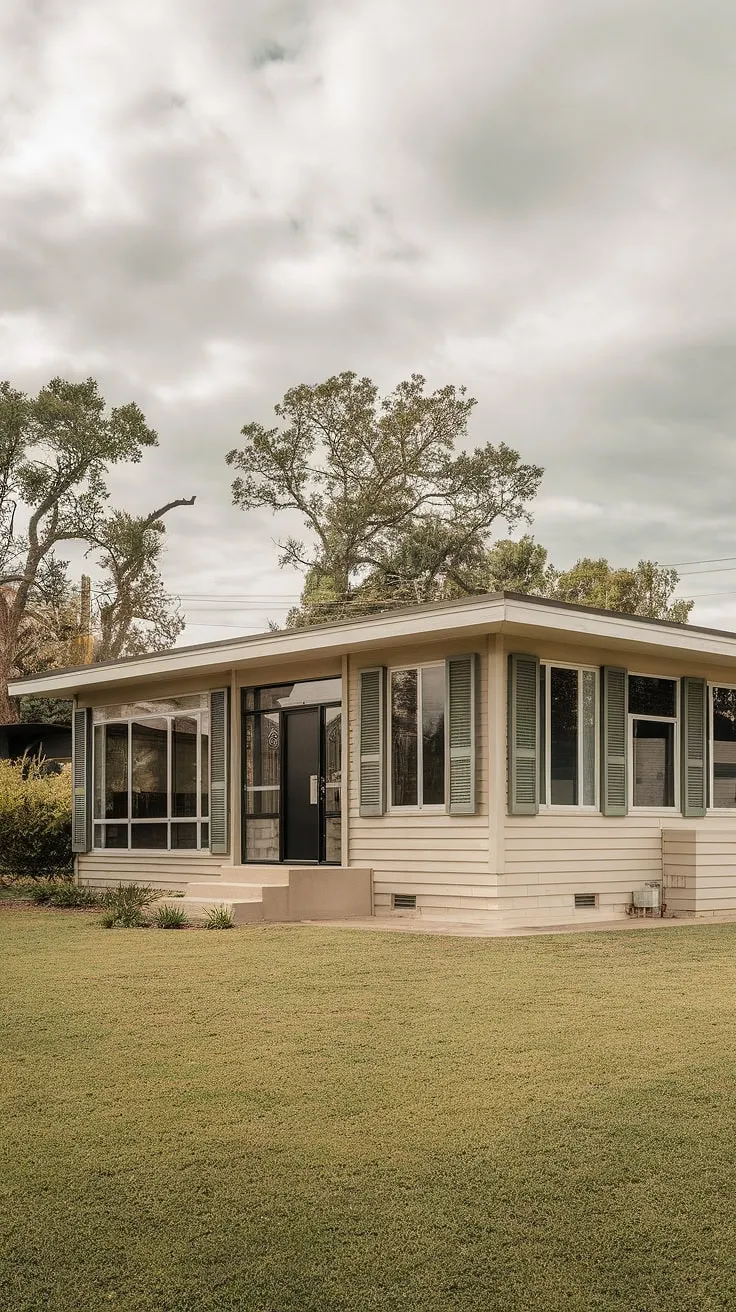 A study in understated sophistication, this beige beauty boasts clean lines and a tranquil atmosphere. The flat roof and large windows are hallmarks of mid-century modern architecture, while the green shutters and black door add a touch of playful contrast. A perfect blend of form and function, nestled in a serene landscape.