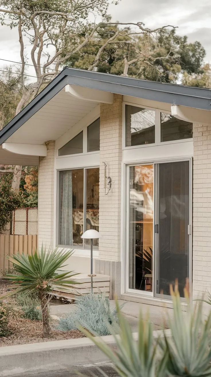 This mid-century modern bungalow, bathed in the warm afternoon light, showcases the timeless appeal of clean lines and expansive windows. The subtle beige exterior, accented with crisp white trim, creates a sense of calm and understated elegance, perfectly complemented by the surrounding greenery. A perfect example of classic design.