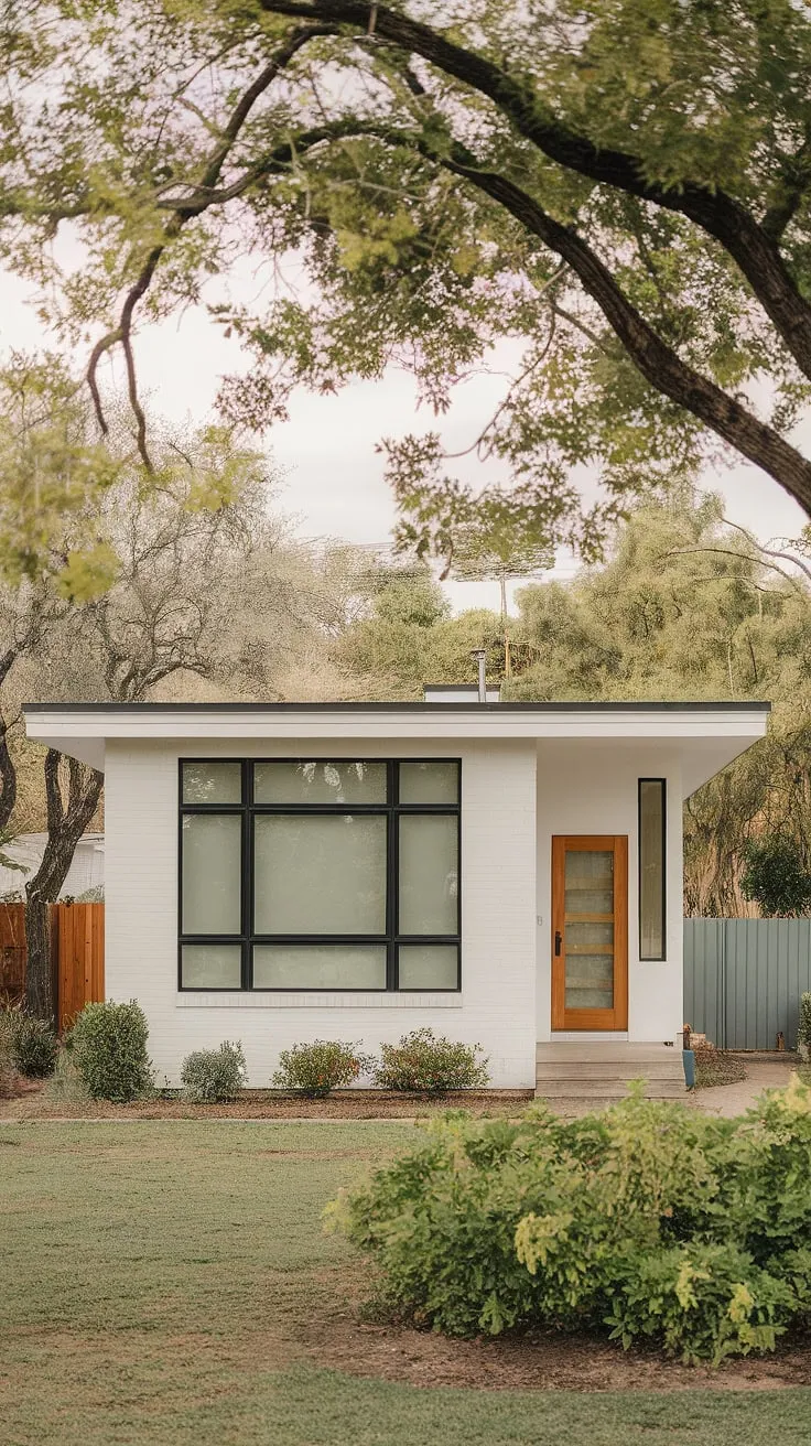 A picture-perfect example of mid-century modern design, this charming bungalow boasts clean lines, a welcoming wooden door, and expansive windows that perfectly frame the lush greenery. The architectural simplicity is enhanced by the striking contrast of the white walls and black window frames.