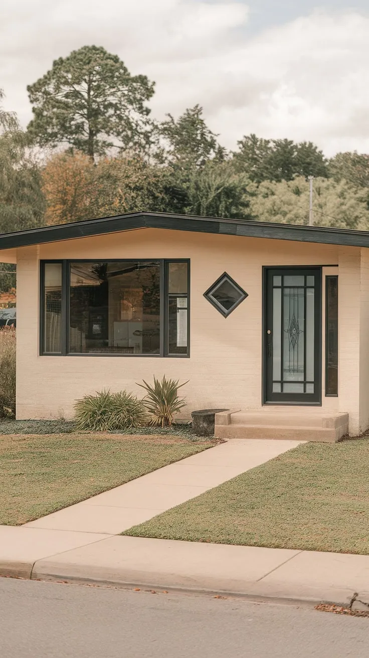 This mid-century modern bungalow, with its distinctive diamond-shaped window and sleek black trim, perfectly blends classic design with contemporary appeal. The expansive windows and tranquil setting create an inviting atmosphere, a true testament to timeless architecture. A serene escape awaits within those walls.