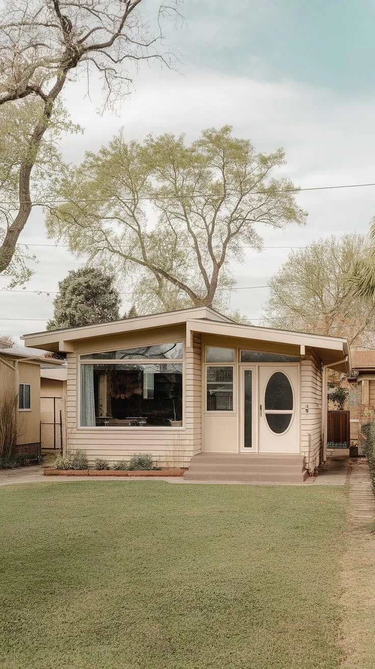 A picture-perfect example of mid-century modern architecture, this beige bungalow boasts a stunning flat roofline and generous windows that bathe the interior in natural light. The charming rounded doorway is a delightful detail, and the well-maintained lawn and surrounding trees create a peaceful oasis. A tranquil retreat, it's a home that whispers stories of a bygone era. A place to call home.