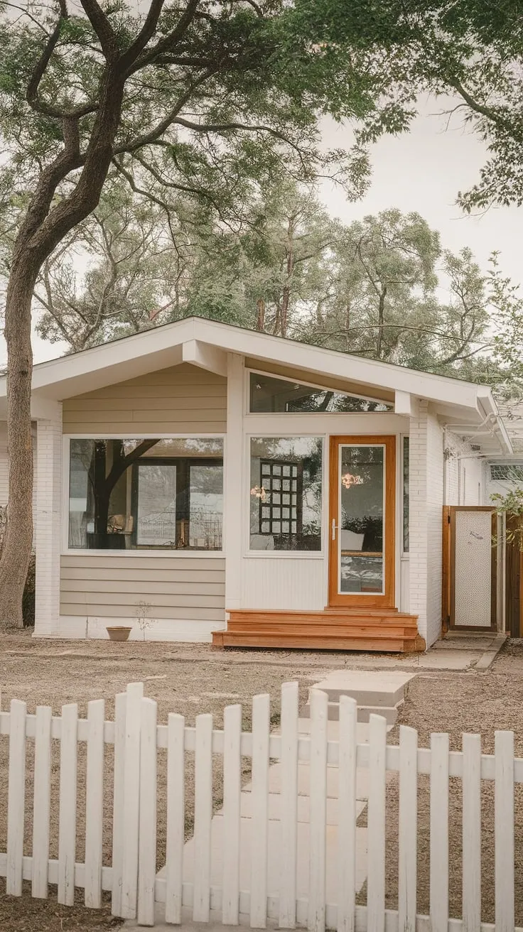 This mid-century modern bungalow, with its clean lines and expansive windows, perfectly embodies the era's minimalist aesthetic. The beige and white exterior, wooden deck, and surrounding picket fence create a serene and inviting atmosphere. A timeless design that effortlessly blends comfort and style.