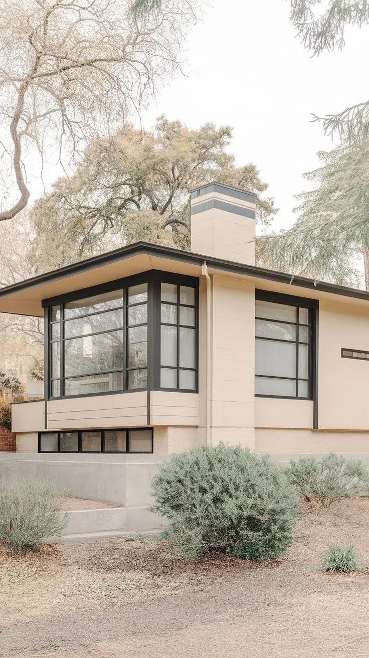 A picture of understated sophistication: this mid-century modern bungalow showcases the era's love for simple forms and natural light. The horizontal lines of the windows and the prominent chimney create a sense of balance and calm. A perfect example of how thoughtful design can create a home that's both stylish and comfortable.
