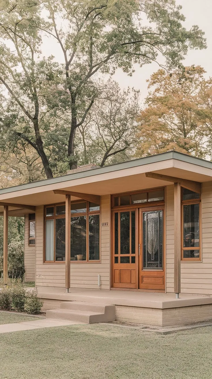 This mid-century modern bungalow, with its clean lines and expansive windows, perfectly captures the era's emphasis on indoor-outdoor living. The warm beige wood siding and welcoming porch create a sense of calm and understated elegance. A testament to timeless design.