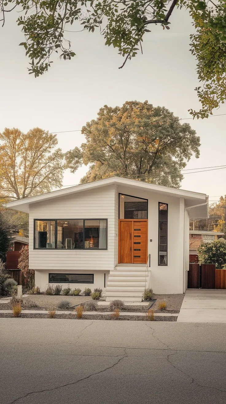 A stunning example of mid-century modern architecture. The interplay of white walls, black windows, and the warm wood of the front door is captivating. A peaceful setting complements this home's unique charm and sophisticated design. A perfect blend of form and function.