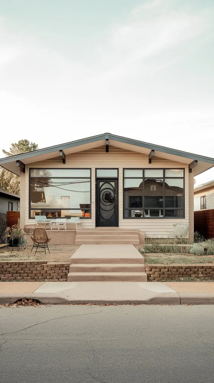 This beige bungalow, accented with sleek black details, is the epitome of understated elegance. A tranquil oasis awaits behind that circular door, promising a sanctuary of calm and sophisticated style. A true architectural gem.