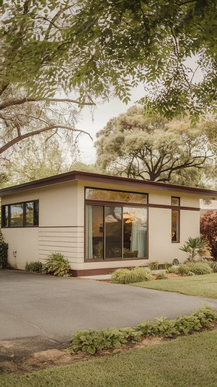 This mid-century modern bungalow, with its clean lines and expansive windows, effortlessly blends understated elegance with comfortable living. The thoughtful use of natural materials and the surrounding lush landscape create a serene and inviting atmosphere. A perfect example of timeless design.