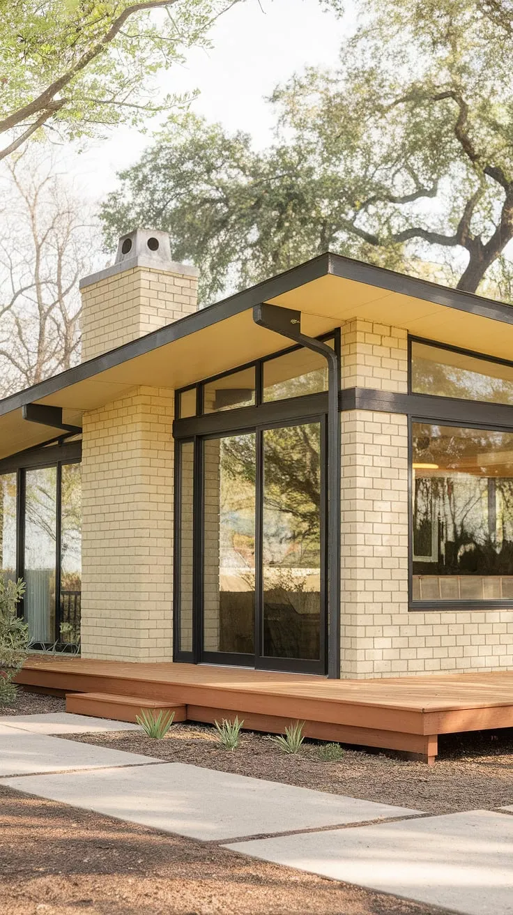 Sunshine-soaked serenity. This mid-century modern bungalow, with its soft yellow walls and striking black accents, perfectly embodies understated elegance. The expansive windows and wooden deck invite you to embrace the simple pleasures of indoor-outdoor living. A testament to timeless design, A true architectural gem.