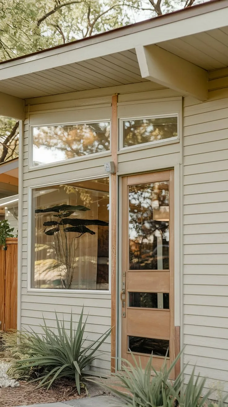 Mid-century modern dreams are made of this: A timeless design, bathed in warm sunlight, showcasing the perfect blend of natural wood and clean lines. The unique glass-paneled door beckons you inside, promising a sanctuary of style and comfort. A true testament to architectural elegance.