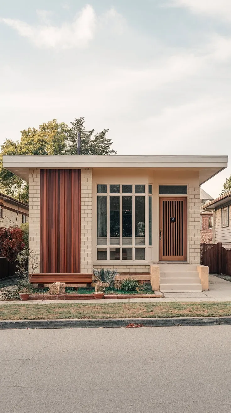 A stunning transformation! This updated mid-century modern home boasts a sophisticated exterior, showcasing the beauty of clean lines and natural materials. The soft beige siding, complemented by the rich brown vertical wood panels and a striking wooden front door, creates a timeless and elegant look. The result is a home that's both stylish and inviting.