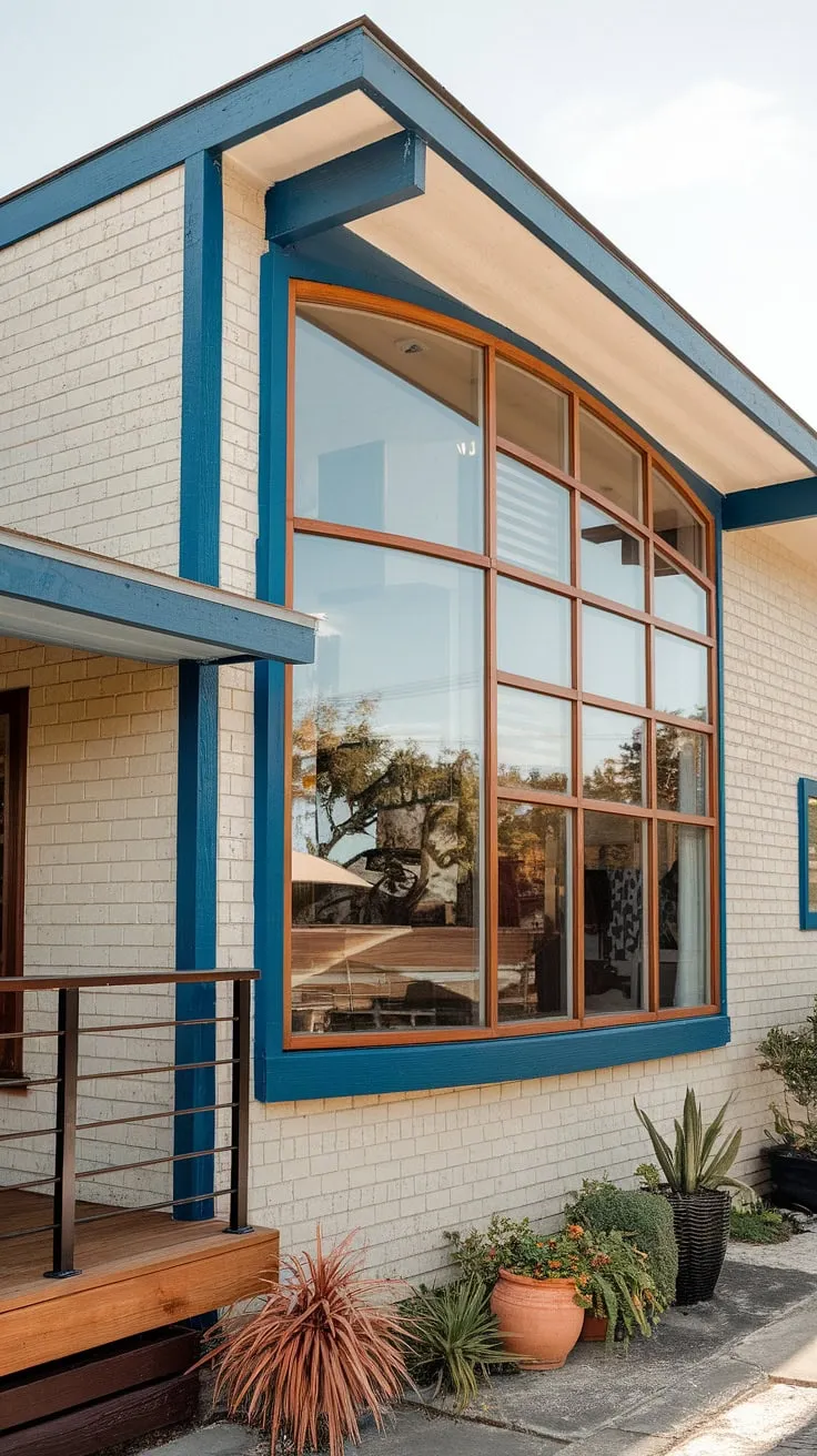 Mid-century modern meets contemporary cool. The subtle contrast of the beige exterior and deep blue accents, coupled with the striking curved glass window and sleek metal detailing, creates a stunningly updated aesthetic. A testament to thoughtful renovation, this home seamlessly blends classic charm with modern functionality. A true masterpiece of architectural evolution.