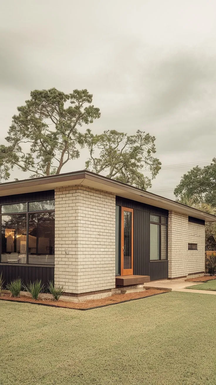A study in understated elegance, this mid-century modern home effortlessly blends functionality with style. The warm beige brick facade, complemented by striking black wood details, creates a captivating exterior. A testament to enduring design, this home offers a tranquil retreat from the everyday.