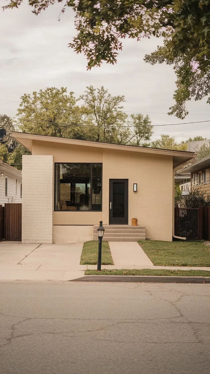 A picture of understated sophistication: this mid-century home's simple, boxy form is elevated by the thoughtful use of light and shadow. The large windows promise an abundance of natural light, while the black door provides a dramatic contrast against the warm beige exterior. A perfect example of how less can truly be more.