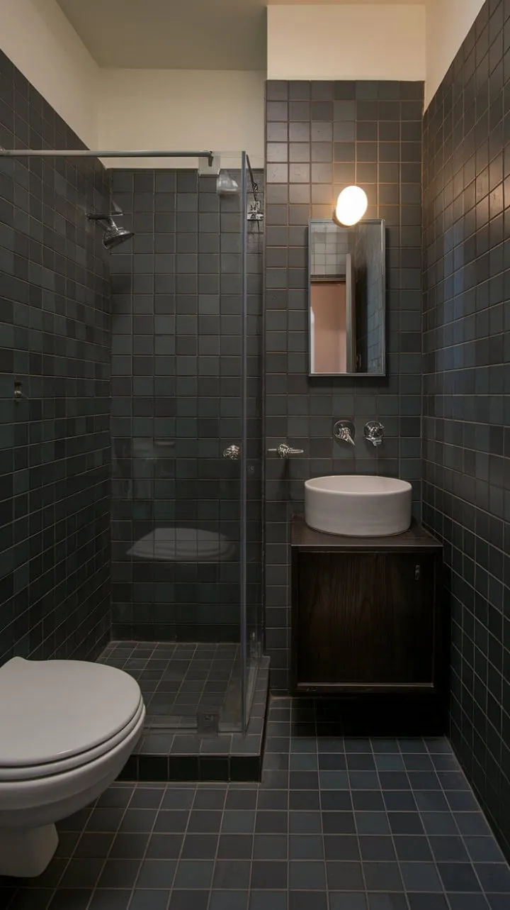 This compact bathroom exemplifies mid-century modern elegance, blending dark tones and sleek lines to create a serene oasis of understated luxury.