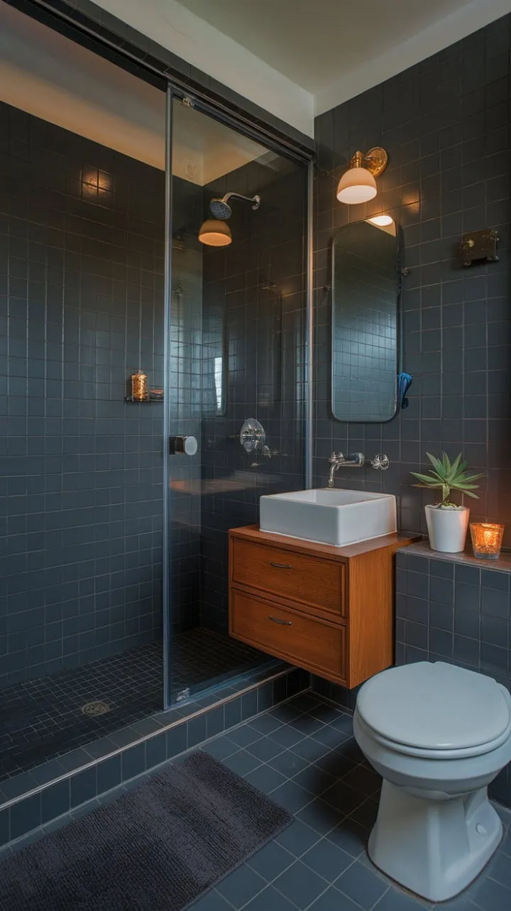 This mid-century modern bathroom masterfully combines dark gray tiles and warm wood tones, creating a sophisticated sanctuary that epitomizes timeless design and efficient space utilization.