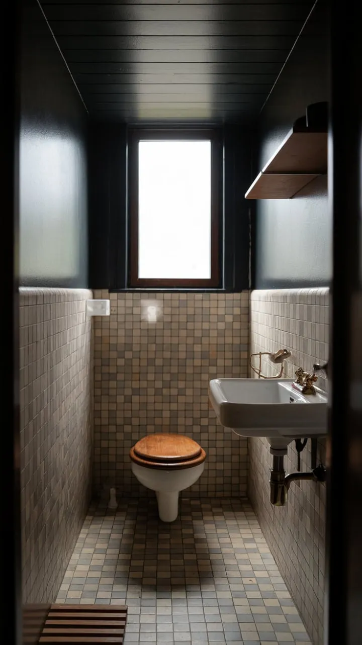 In this mid-century modern bathroom, dark hues and natural light blend seamlessly with elegant details, crafting a timeless sanctuary of sophistication.