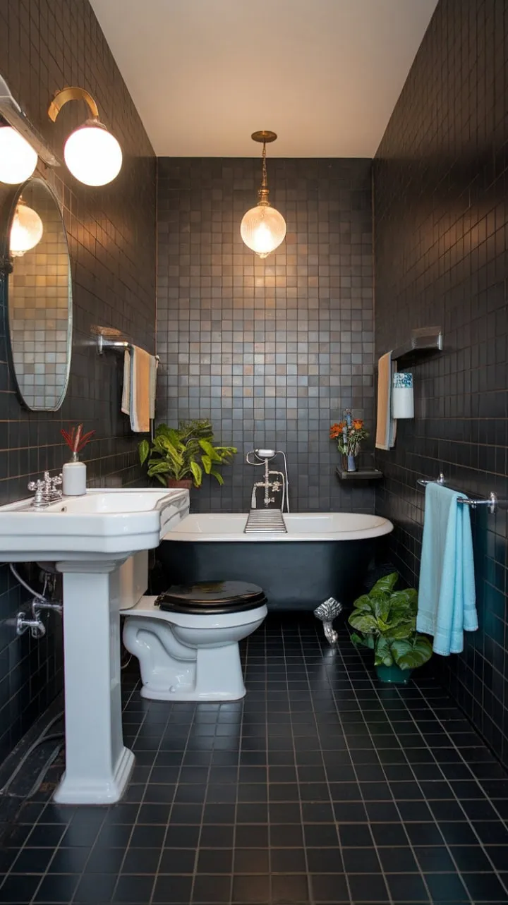 This mid-century bathroom exemplifies minimalist design, where dark tiles and a sleek pedestal sink create a serene oasis in a compact space.