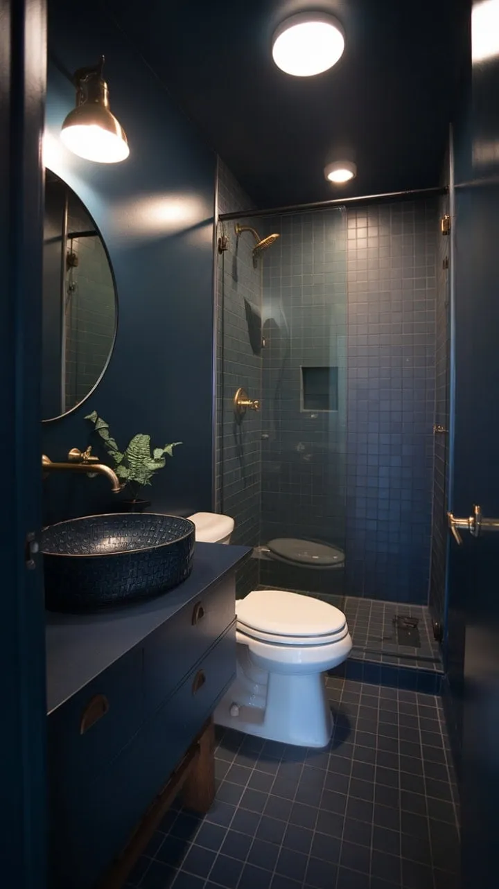 This compact mid-century modern bathroom blends deep navy walls and brass accents with vintage glamour, creating a chic sanctuary enhanced by a lively plant.
