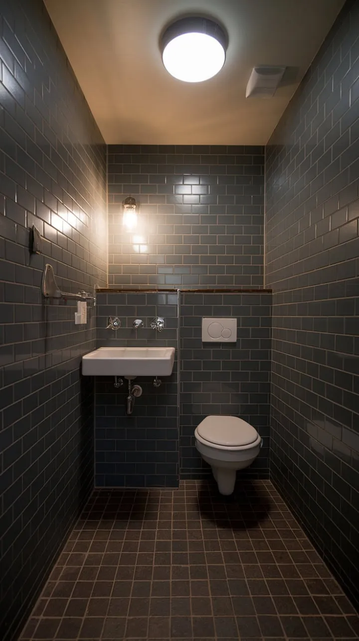 This mid-century modern bathroom showcases how a compact space can exude immense style with its moody gray tiles, speckled flooring, and a touch of unexpected sophistication.