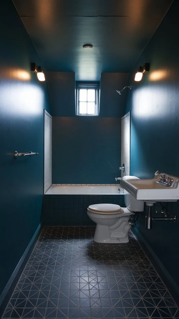 This stunning mid-century bathroom showcases how a deep blue palette and smart layout can transform a small space into a serene oasis of elegance.