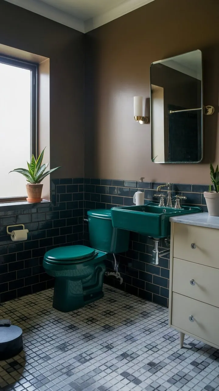 This mid-century bathroom blends deep green fixtures with a crisp white vanity and classic checkered flooring, creating a moody yet inviting oasis enhanced by a touch of greenery.