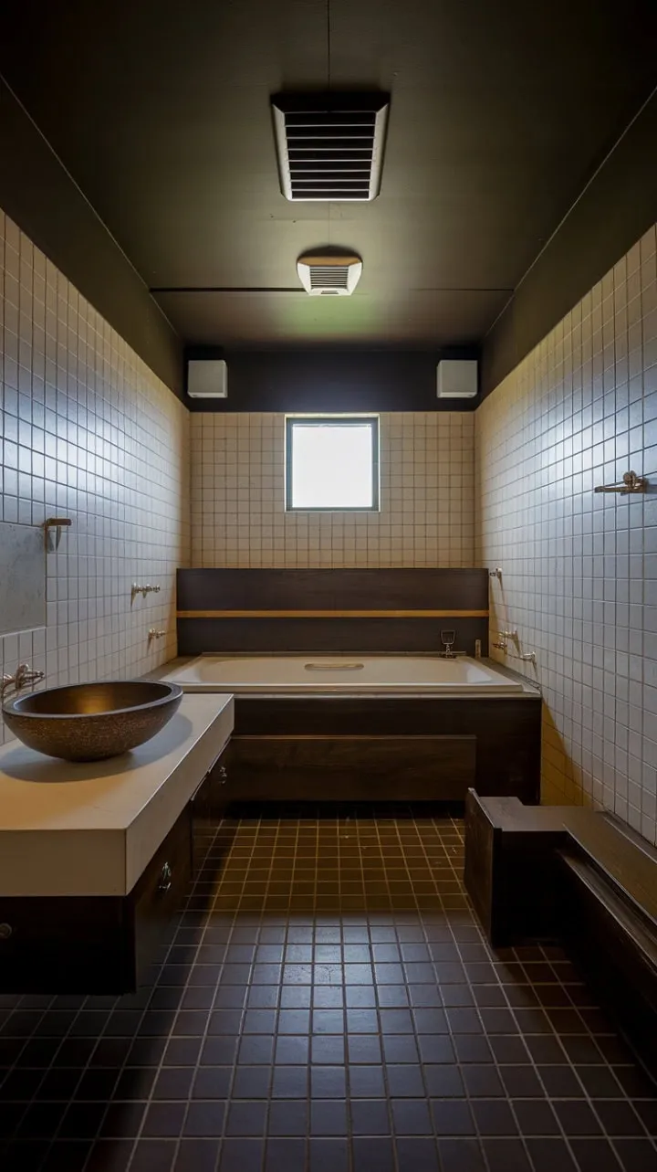 This mid-century bathroom masterfully blends a dark palette with white fixtures and a high window, resulting in a stylishly serene oasis that feels both bright and inviting.