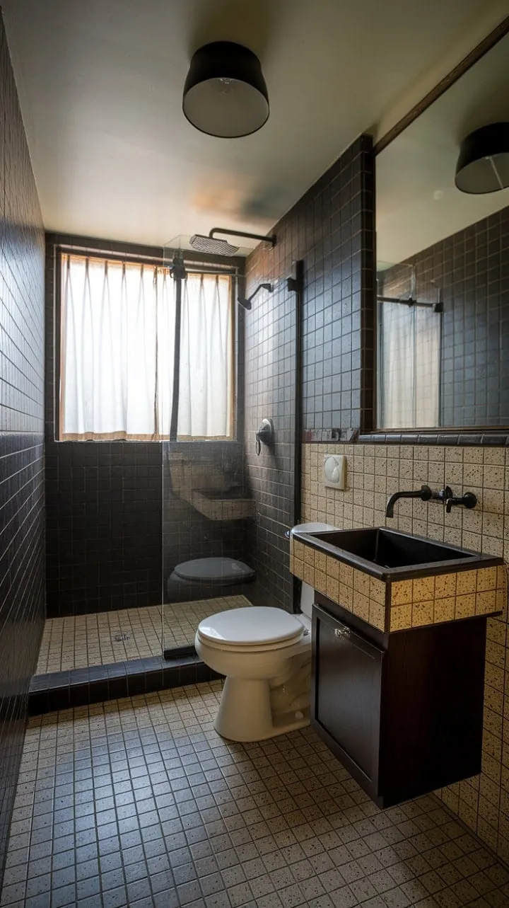 This mid-century modern bathroom artfully combines dark elegance and minimalist design with speckled beige tiles, black fixtures, and a dark wood vanity for a sophisticated yet spacious ambiance.