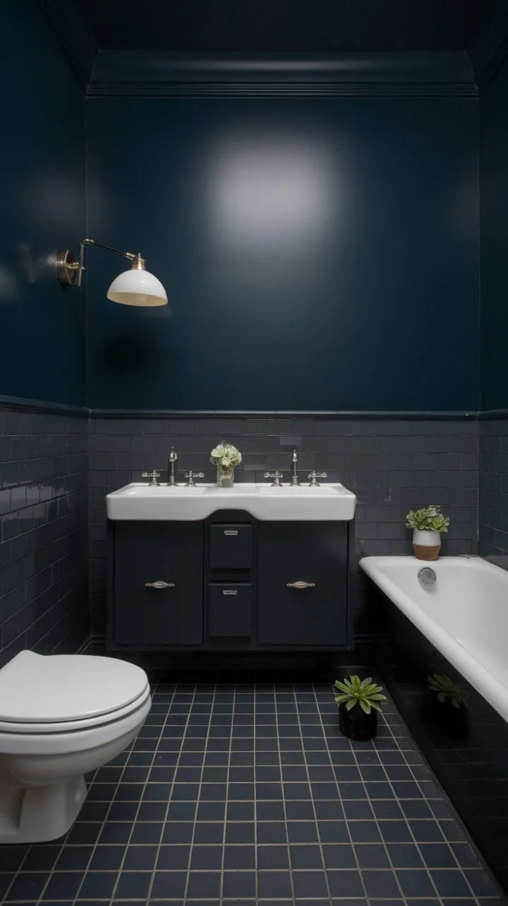 This mid-century bathroom showcases the beauty of minimalism with deep blue hues, creating a serene and spacious retreat.