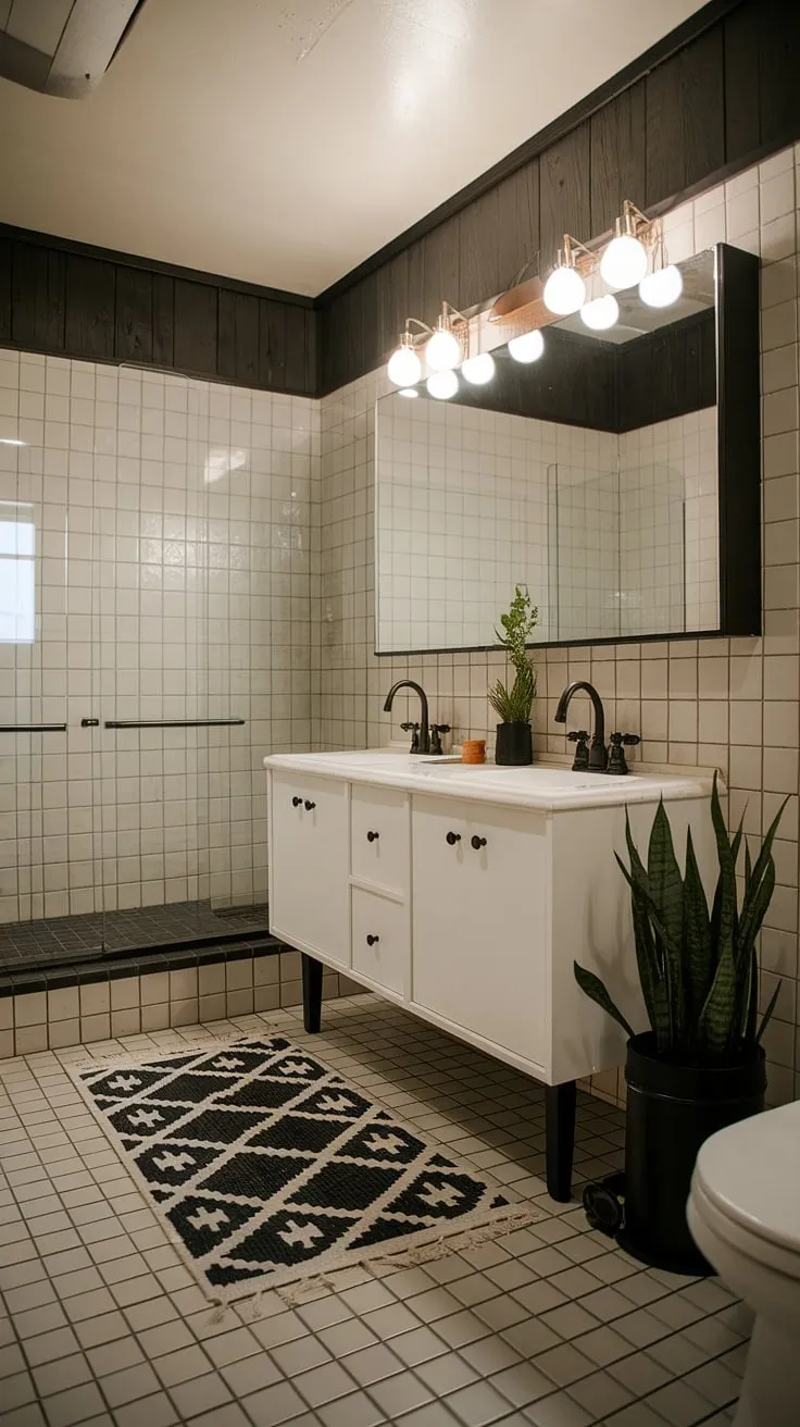 This bathroom's design is a masterclass in understated elegance. The combination of beige tile, a sleek white vanity with black fixtures, and rich wood paneling is effortlessly stylish. A simple yet striking black and white rug and a potted plant complete the look, creating a space that's both functional and aesthetically pleasing.