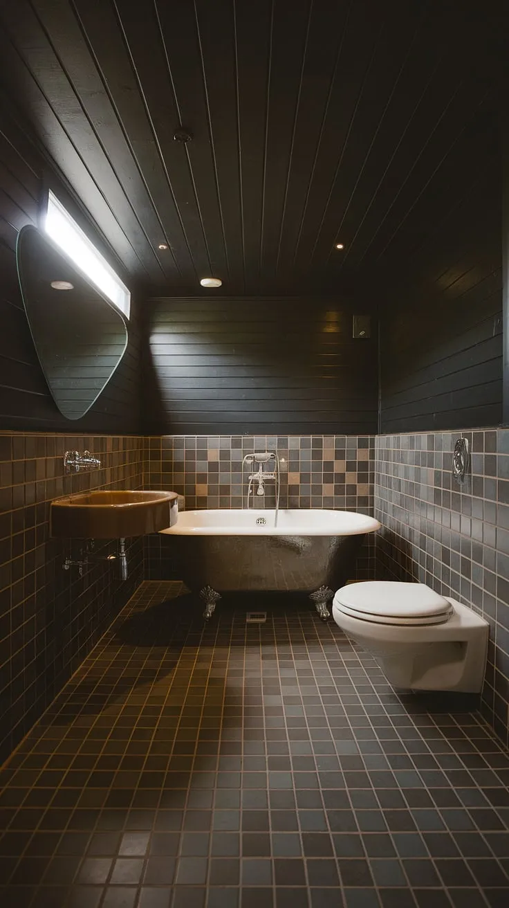 Dark tones and clean lines define this mid-century retreat. The rich wood and subtly textured tiles create a calming sanctuary, perfect for unwinding after a long day. A simple yet stylish space, brimming with understated charm.
