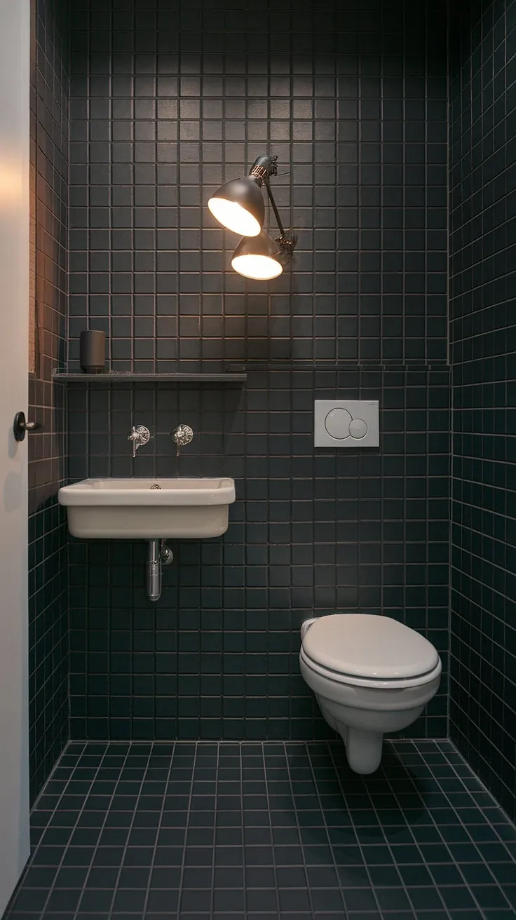 Dark, moody, and undeniably chic. This mid-century modern bathroom proves that less is more, with its clean lines, simple palette, and striking black-and-white tiled floor. The wall-mounted sink and minimalist fixtures create a space that's both functional and aesthetically pleasing. A single black lamp adds a touch of drama.